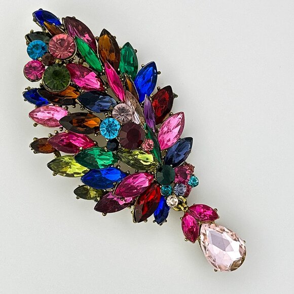 VTG Statement Brooch/Pendant Multi-Color Rhinestones Crystal Pin Jewel Tone - Picture 2 of 10